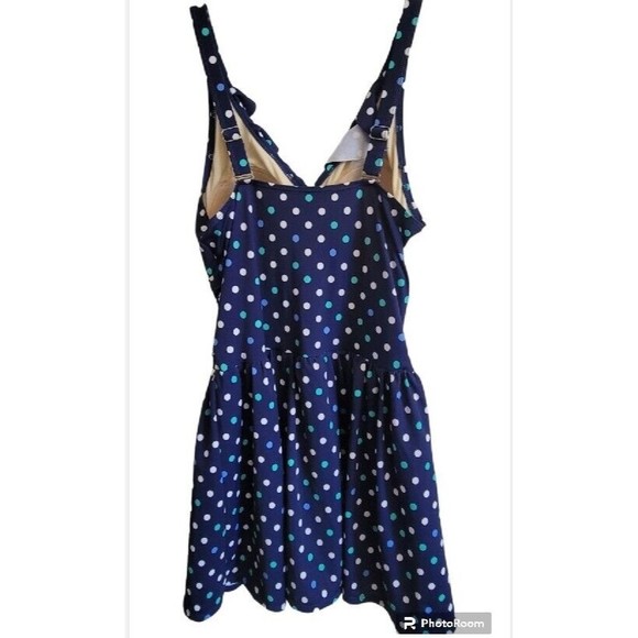 Denim & Co. Beach Ruffle Neck Skirted Swim Dress Suit Blue Dots NWOT Sz 12 - Picture 3 of 10